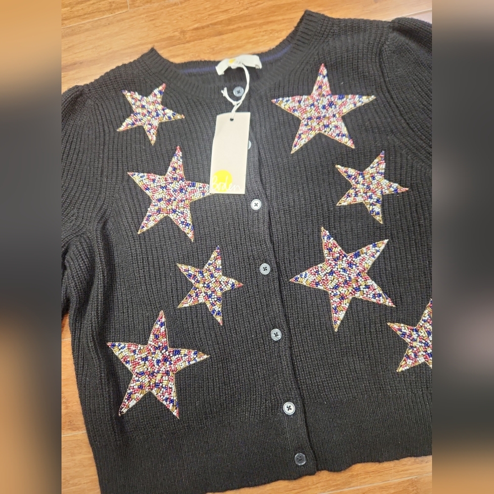 Boden Black Star-Embellished Ribbed Cardigan Women's Size Medium New - Picture 2 of 7